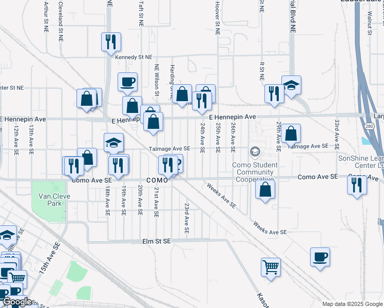 map of restaurants, bars, coffee shops, grocery stores, and more near 1049 23rd Avenue Southeast in Minneapolis