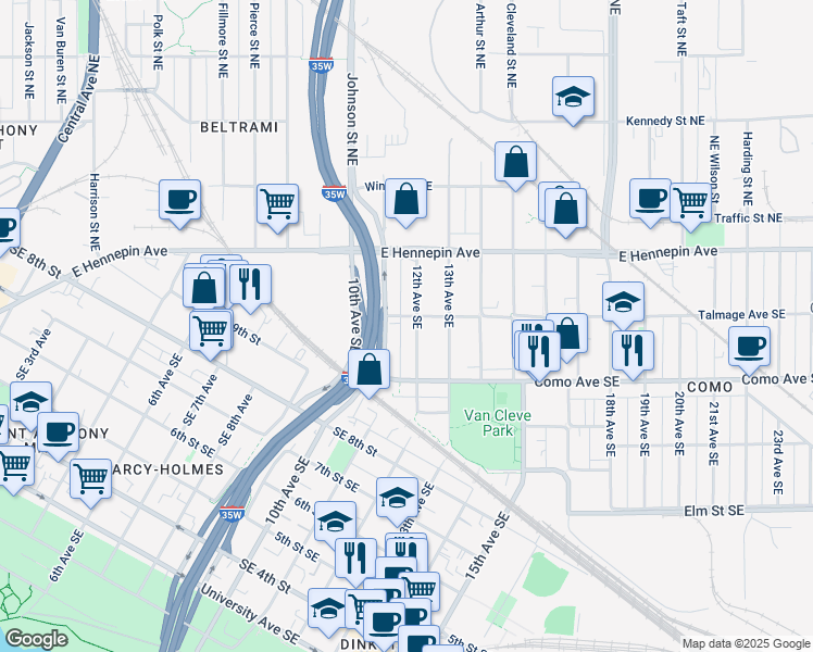 map of restaurants, bars, coffee shops, grocery stores, and more near 1054 11th Avenue Southeast in Minneapolis