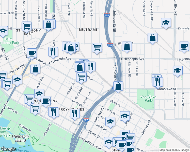 map of restaurants, bars, coffee shops, grocery stores, and more near 801 6th Street Southeast in Minneapolis