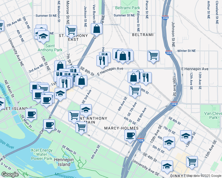 map of restaurants, bars, coffee shops, grocery stores, and more near 420 Southeast 8th Street in Minneapolis