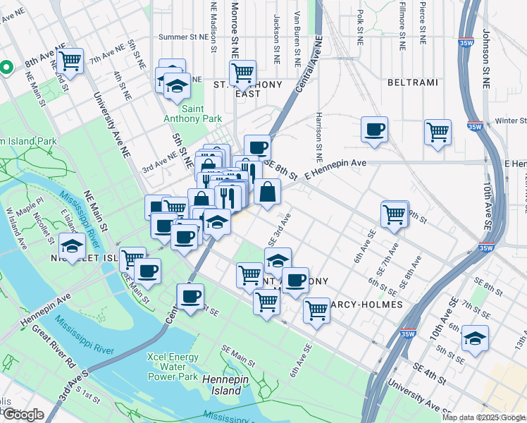 map of restaurants, bars, coffee shops, grocery stores, and more near 201 6th Street Southeast in Minneapolis