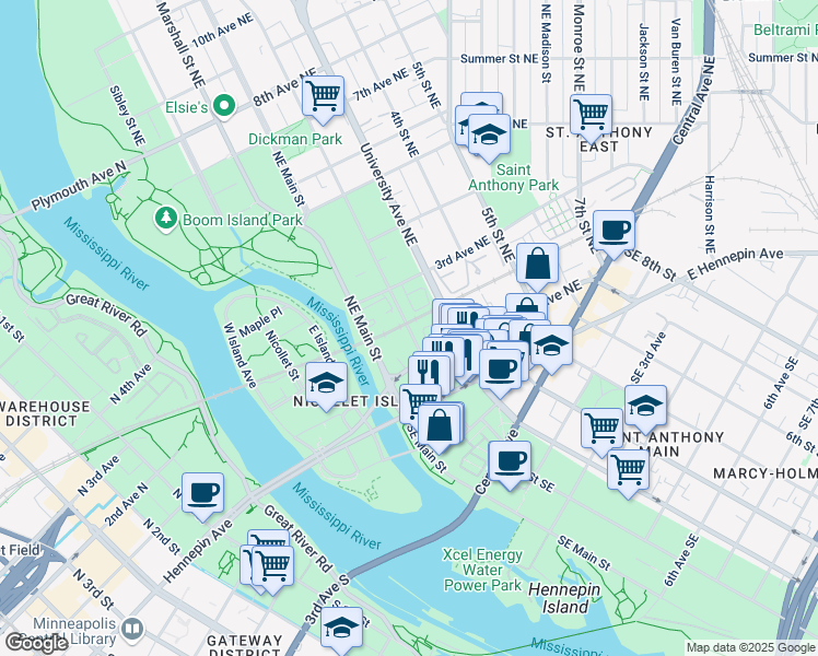 map of restaurants, bars, coffee shops, grocery stores, and more near 174 Northeast 2nd Street in Minneapolis