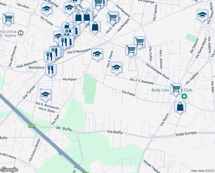 map of restaurants, bars, coffee shops, grocery stores, and more near 60 Via Pateri in Nichelino