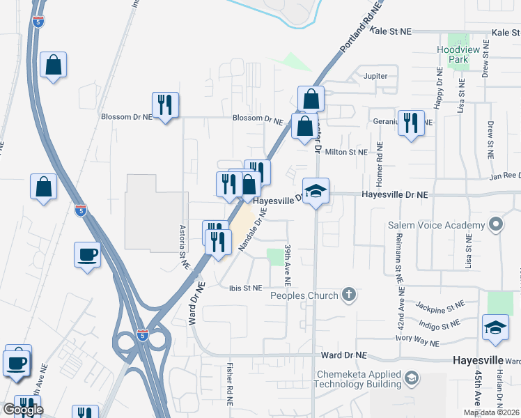 map of restaurants, bars, coffee shops, grocery stores, and more near 4689 Nandale Drive Northeast in Salem