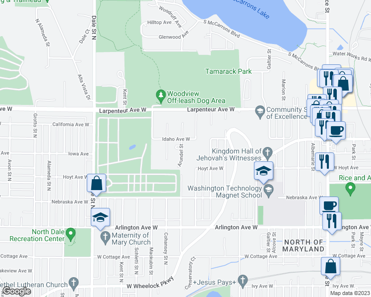 map of restaurants, bars, coffee shops, grocery stores, and more near 1600 Arundel Street in Saint Paul