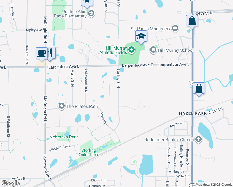 map of restaurants, bars, coffee shops, grocery stores, and more near 1593 Sterling Street North in Maplewood