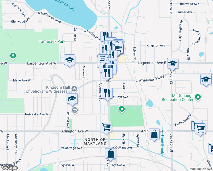 map of restaurants, bars, coffee shops, grocery stores, and more near 1604 Albemarle Street in Saint Paul