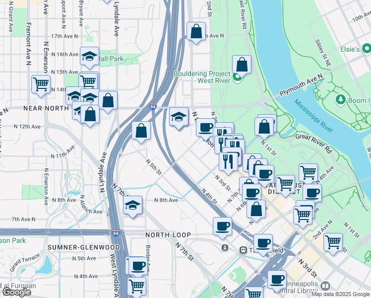 map of restaurants, bars, coffee shops, grocery stores, and more near 302 North 10th Avenue in Minneapolis