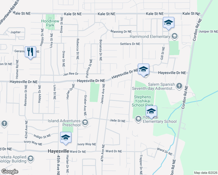 map of restaurants, bars, coffee shops, grocery stores, and more near 4675 Hayesville Court Northeast in Salem