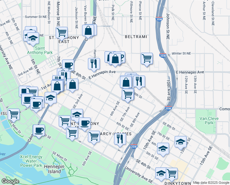 map of restaurants, bars, coffee shops, grocery stores, and more near 509 Southeast 8th Street in Minneapolis