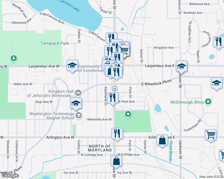 map of restaurants, bars, coffee shops, grocery stores, and more near 1604 Albemarle Street in Saint Paul