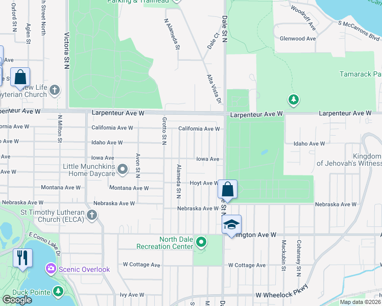 map of restaurants, bars, coffee shops, grocery stores, and more near 1599 Saint Albans Street North in Saint Paul