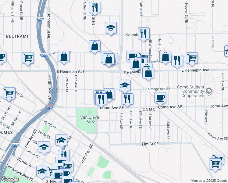 map of restaurants, bars, coffee shops, grocery stores, and more near 1056 17th Avenue Southeast in Minneapolis