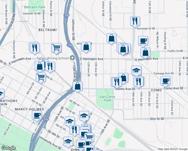 map of restaurants, bars, coffee shops, grocery stores, and more near 1057 13th Avenue Southeast in Minneapolis