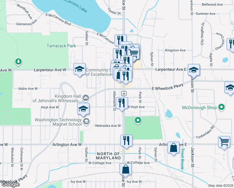 map of restaurants, bars, coffee shops, grocery stores, and more near 1604 Albemarle Street in Saint Paul