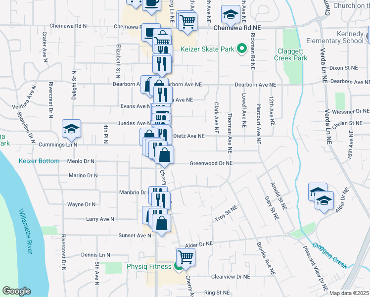 map of restaurants, bars, coffee shops, grocery stores, and more near 577 Greenwood Drive Northeast in Keizer