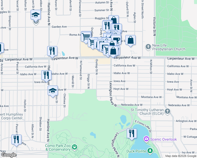 map of restaurants, bars, coffee shops, grocery stores, and more near 1153 Iowa Avenue in Saint Paul