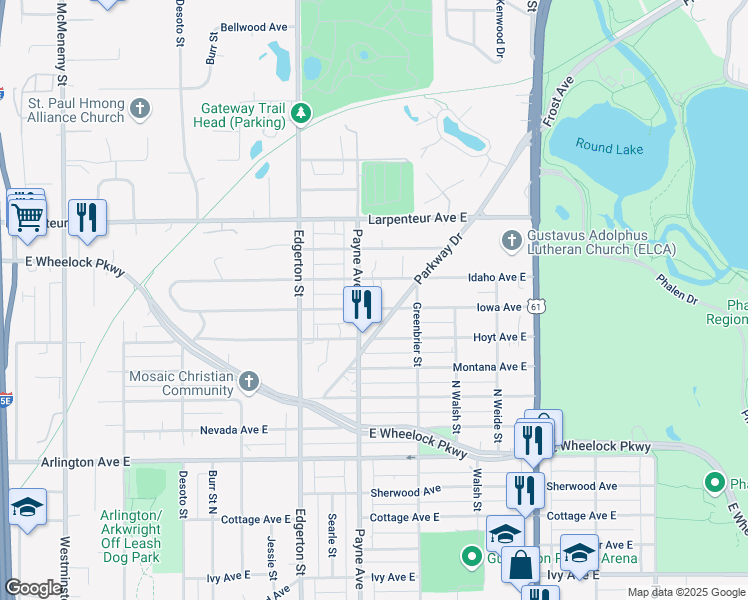 map of restaurants, bars, coffee shops, grocery stores, and more near 1600 Payne Avenue in Saint Paul