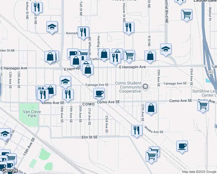 map of restaurants, bars, coffee shops, grocery stores, and more near 1052 23rd Avenue Southeast in Minneapolis