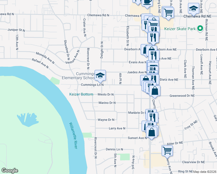 map of restaurants, bars, coffee shops, grocery stores, and more near 522 Cummings Lane North in Keizer