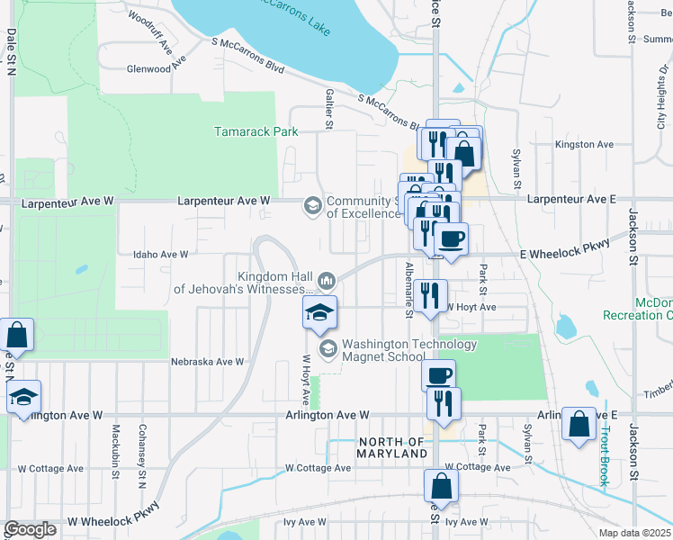 map of restaurants, bars, coffee shops, grocery stores, and more near 255 West Wheelock Parkway in Saint Paul