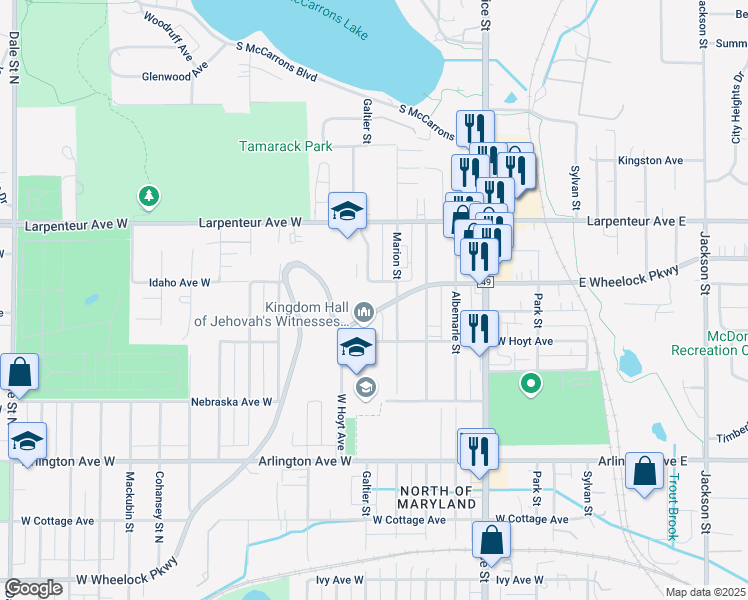 map of restaurants, bars, coffee shops, grocery stores, and more near 255 West Wheelock Parkway in Saint Paul