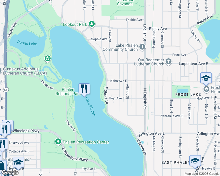map of restaurants, bars, coffee shops, grocery stores, and more near 1598 East Shore Drive in Saint Paul