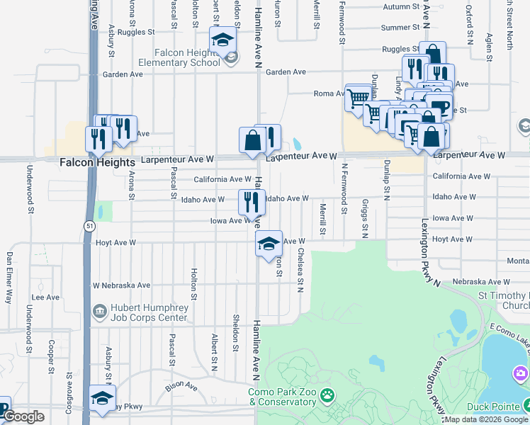 map of restaurants, bars, coffee shops, grocery stores, and more near 1604 Hamline Avenue North in Saint Paul