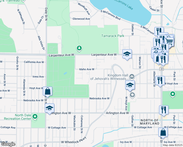 map of restaurants, bars, coffee shops, grocery stores, and more near 1600 Arundel Street in Saint Paul