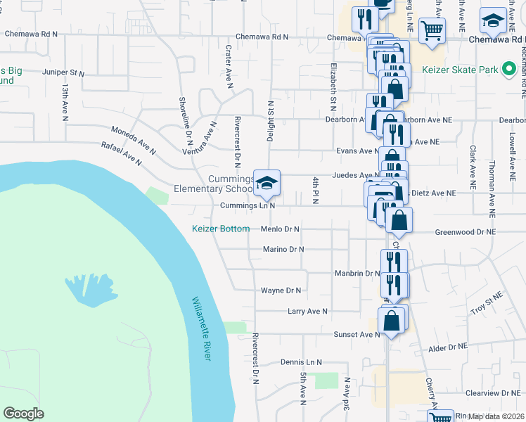 map of restaurants, bars, coffee shops, grocery stores, and more near 652 Cummings Lane North in Keizer
