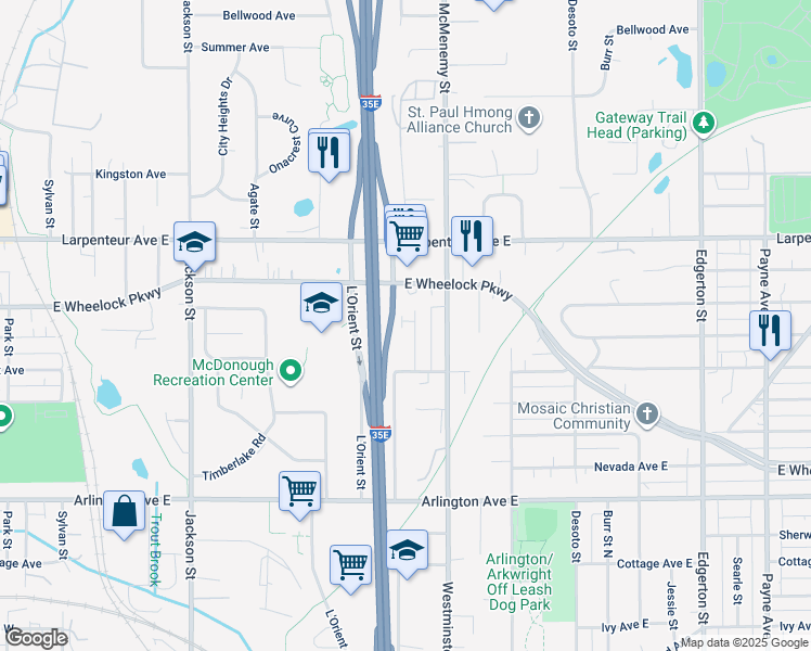 map of restaurants, bars, coffee shops, grocery stores, and more near 1607 Sloan Street in Saint Paul