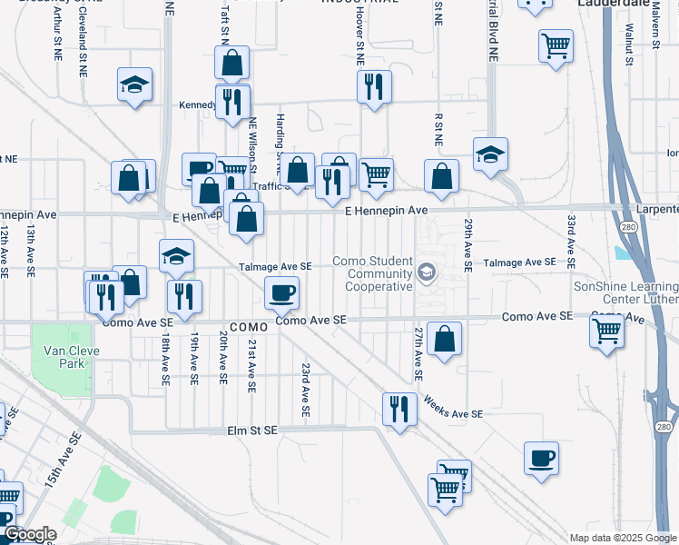 map of restaurants, bars, coffee shops, grocery stores, and more near 1054 24th Avenue Southeast in Minneapolis
