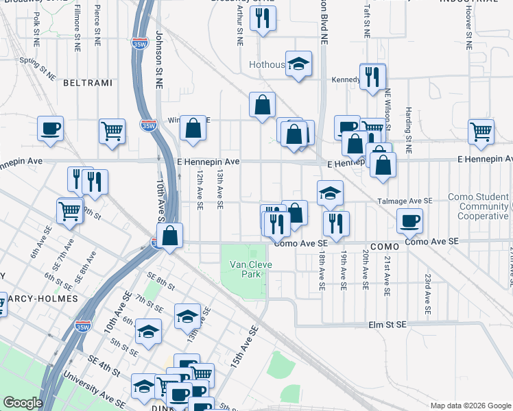 map of restaurants, bars, coffee shops, grocery stores, and more near 1057 15th Avenue Southeast in Minneapolis