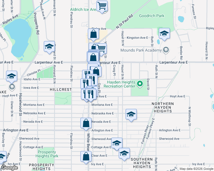 map of restaurants, bars, coffee shops, grocery stores, and more near 1845 Iowa Avenue East in Saint Paul