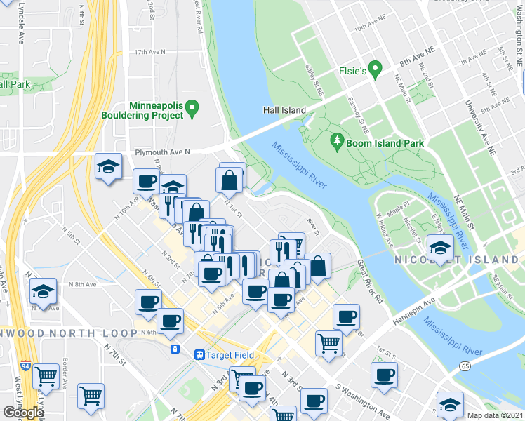 map of restaurants, bars, coffee shops, grocery stores, and more near 600 River Street in Minneapolis