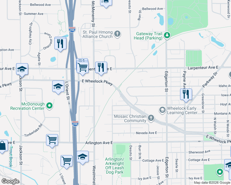 map of restaurants, bars, coffee shops, grocery stores, and more near 1581 Arkwright Street North in Saint Paul
