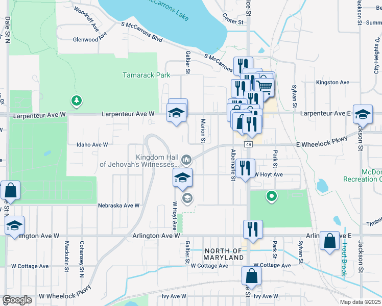 map of restaurants, bars, coffee shops, grocery stores, and more near 255 West Wheelock Parkway in Saint Paul