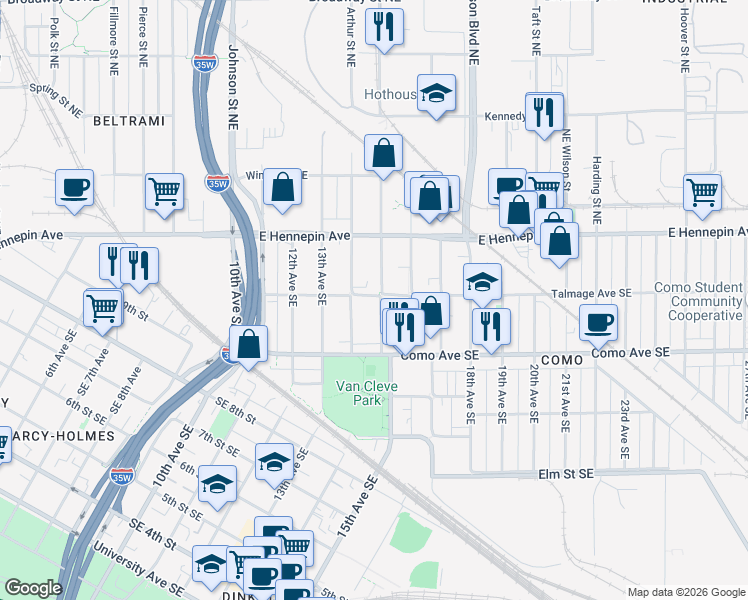 map of restaurants, bars, coffee shops, grocery stores, and more near 1057 15th Avenue Southeast in Minneapolis