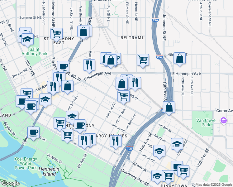 map of restaurants, bars, coffee shops, grocery stores, and more near 610 Southeast 9th Street in Minneapolis