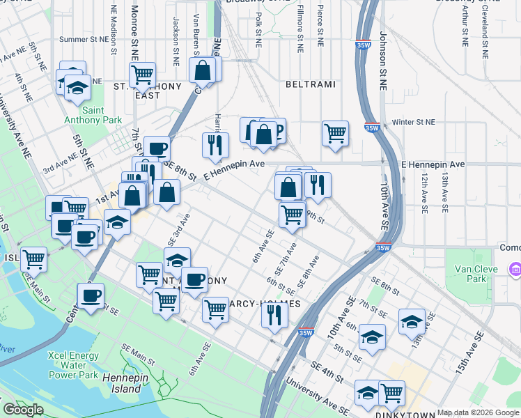 map of restaurants, bars, coffee shops, grocery stores, and more near 509 Southeast 8th Street in Minneapolis