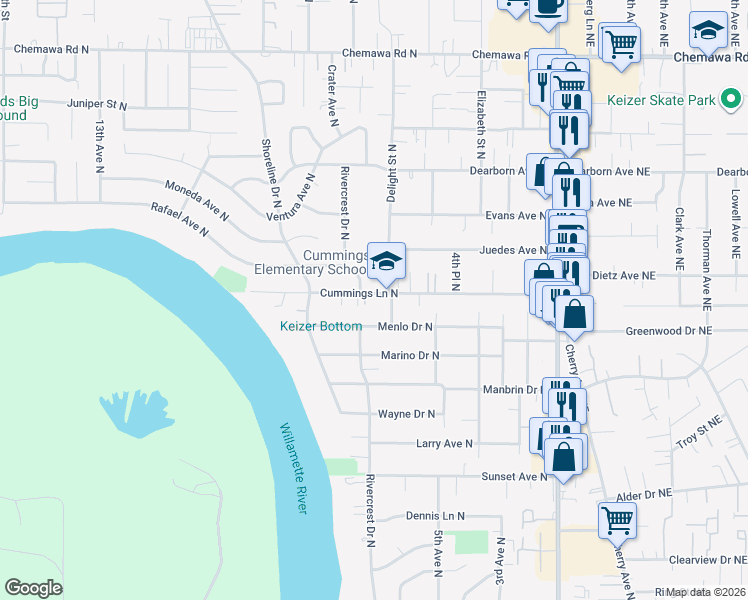 map of restaurants, bars, coffee shops, grocery stores, and more near 652 Cummings Lane North in Keizer