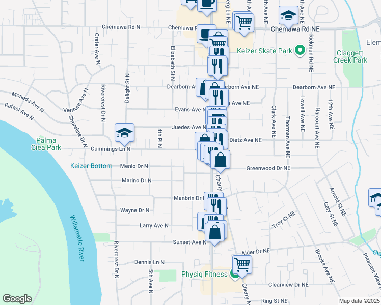 map of restaurants, bars, coffee shops, grocery stores, and more near 252 Cummings Lane North in Keizer