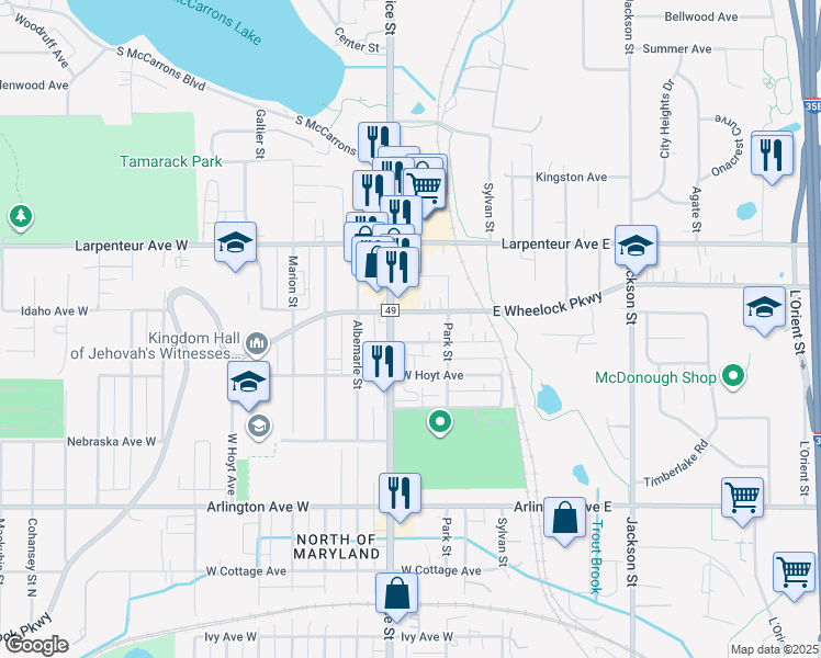 map of restaurants, bars, coffee shops, grocery stores, and more near 1608 Rice Street in Saint Paul