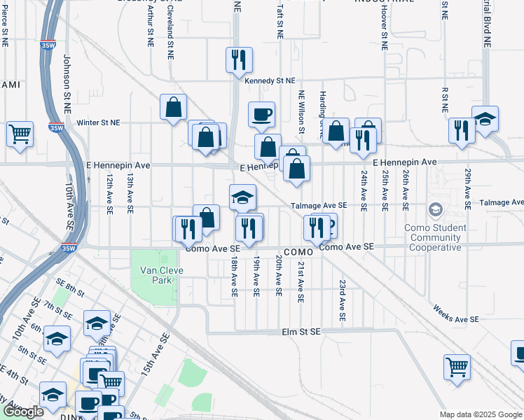 map of restaurants, bars, coffee shops, grocery stores, and more near 1056 19th Avenue Southeast in Minneapolis