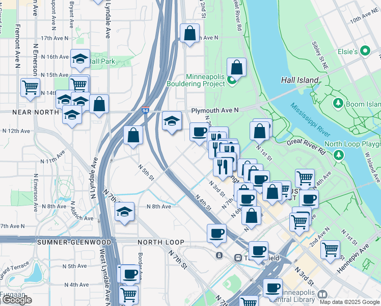 map of restaurants, bars, coffee shops, grocery stores, and more near 918 North 3rd Street in Minneapolis