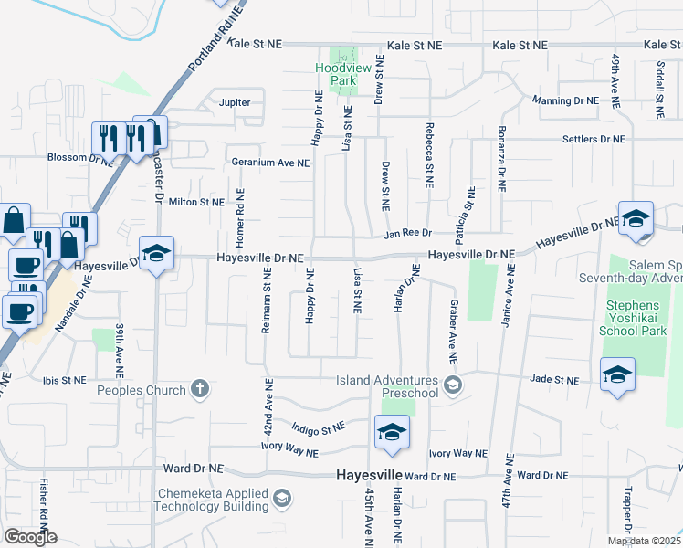 map of restaurants, bars, coffee shops, grocery stores, and more near 4382 Hayesville Drive Northeast in Salem