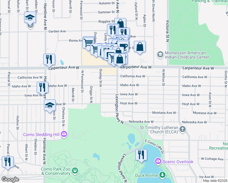 map of restaurants, bars, coffee shops, grocery stores, and more near 1109 Iowa Avenue West in Saint Paul