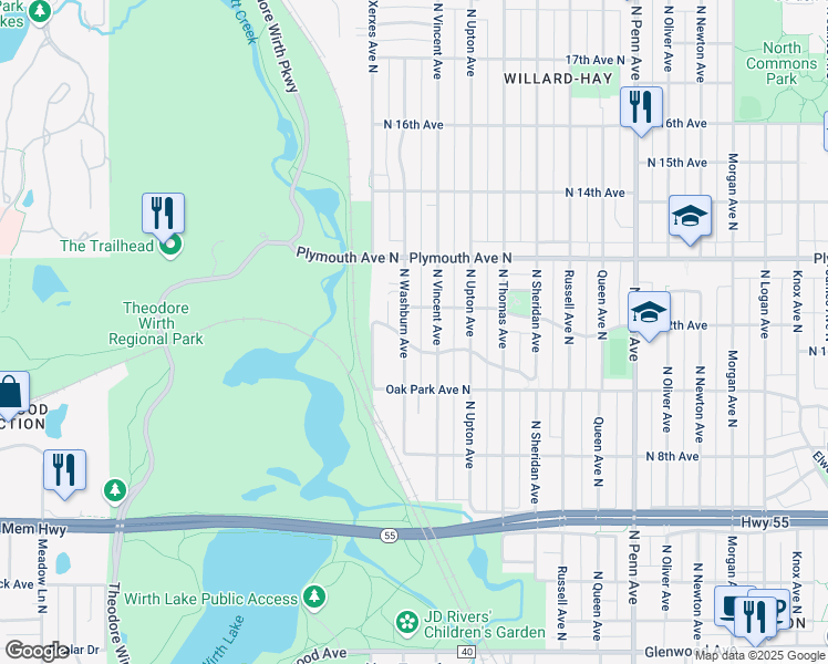 map of restaurants, bars, coffee shops, grocery stores, and more near 1121 North Vincent Avenue in Minneapolis