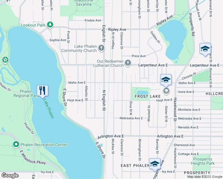 map of restaurants, bars, coffee shops, grocery stores, and more near 1599 McAfee Street in Saint Paul