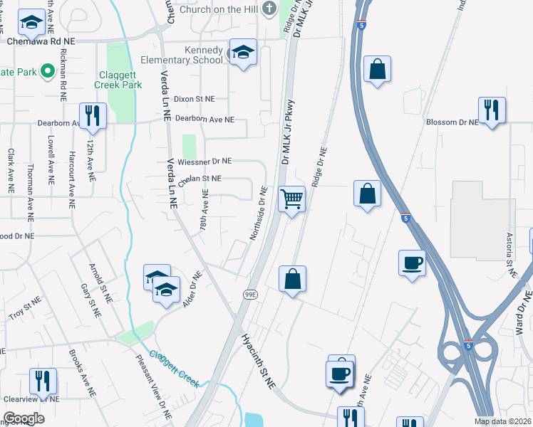 map of restaurants, bars, coffee shops, grocery stores, and more near 4438 Northside Drive Northeast in Keizer